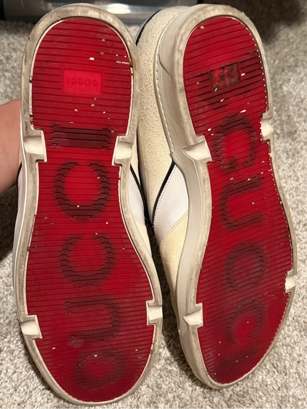 Gucci White Leather & Beige Suede Logo Slip-On Loafers